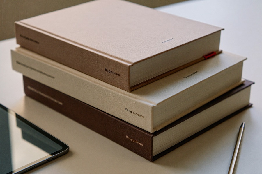 A stack of cloth-bound hardcover books beside a tablet