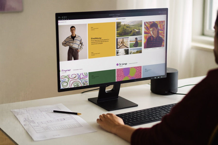 A designer building a website layout on a large monitor